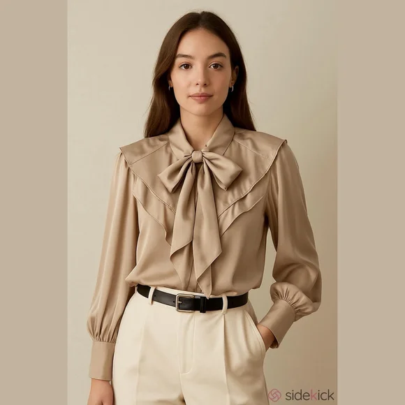 VINTAGE BERIN satin blouse top button front ruffle layers neck ties taupe large - Picture 1 of 13